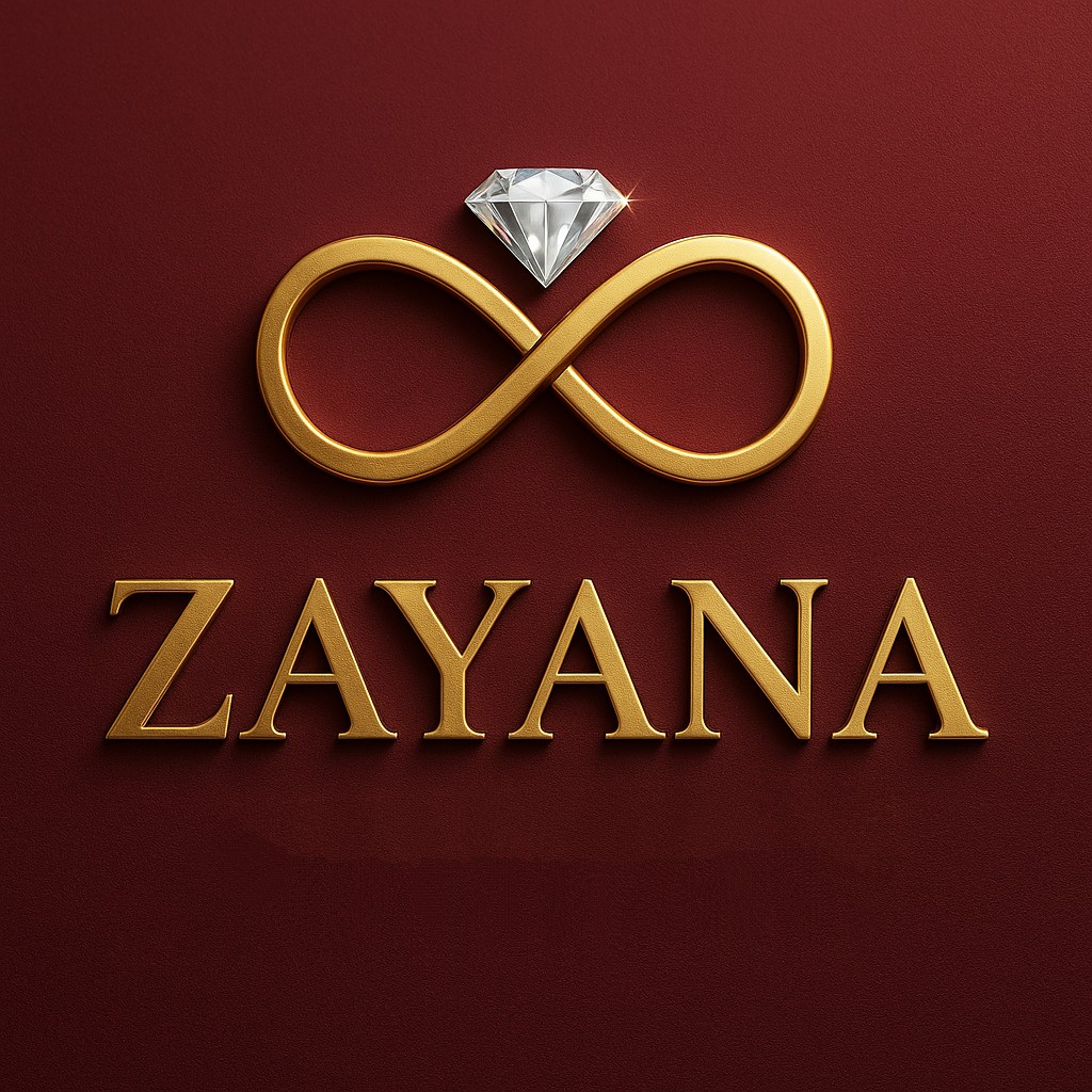 ZAYANA brand mark — a gold infinity symbol crowned with a diamond on deep maroon